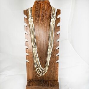 Vintage Multi-Strand Seed Bead Long Necklace Cream White Gold Southwestern